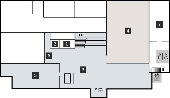 1층 배치도(입구로 들어서면 3.중앙홀로 입장 좌측 반시계방향으로 1.안내데스크, 2.물품보관소, 6.아트 상품, 5.스마트 전시관이 있으며 우측 방향으로 4.제1전시실, 엘리베이터, 계단, 화장실, 7.관리팀 사무실이 있습니다.)