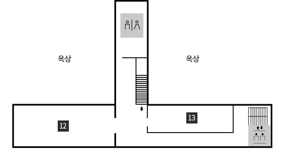 4층 배치도(12시 방향 반시계방향으로 화장실, 12.세미나실, 13.자료실, 엘리베이터, 계단이 있습니다.)
